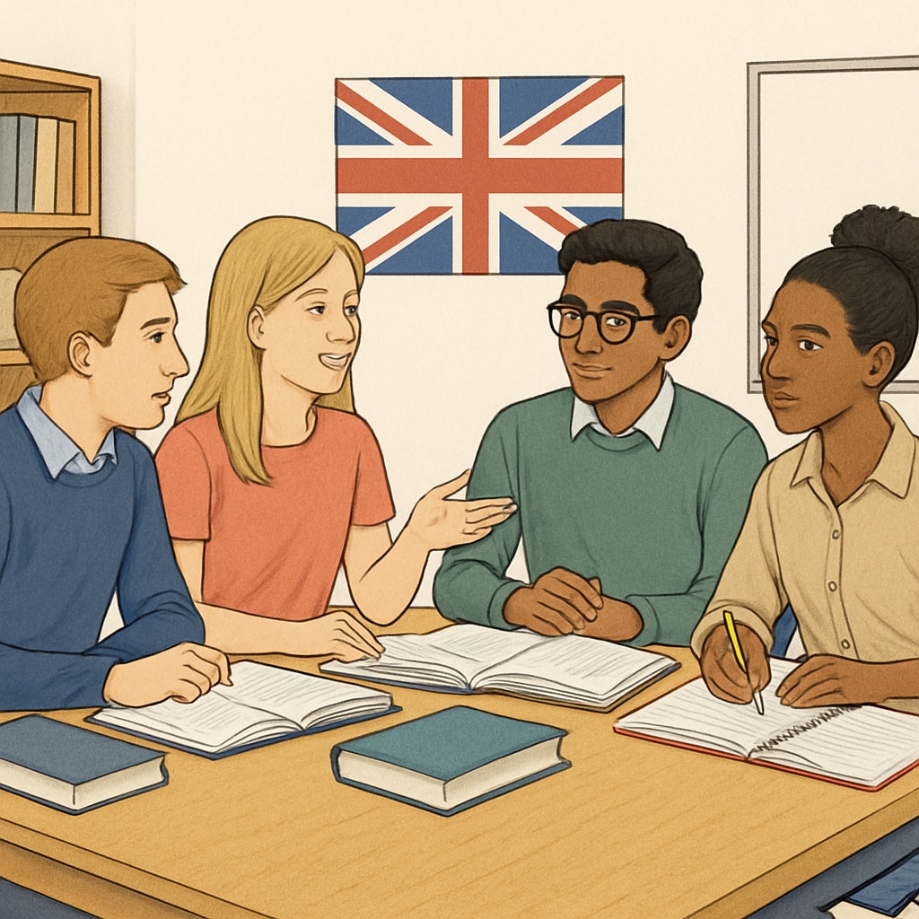 UK students collaborating on A Level coursework, highlighting the flexible education system.