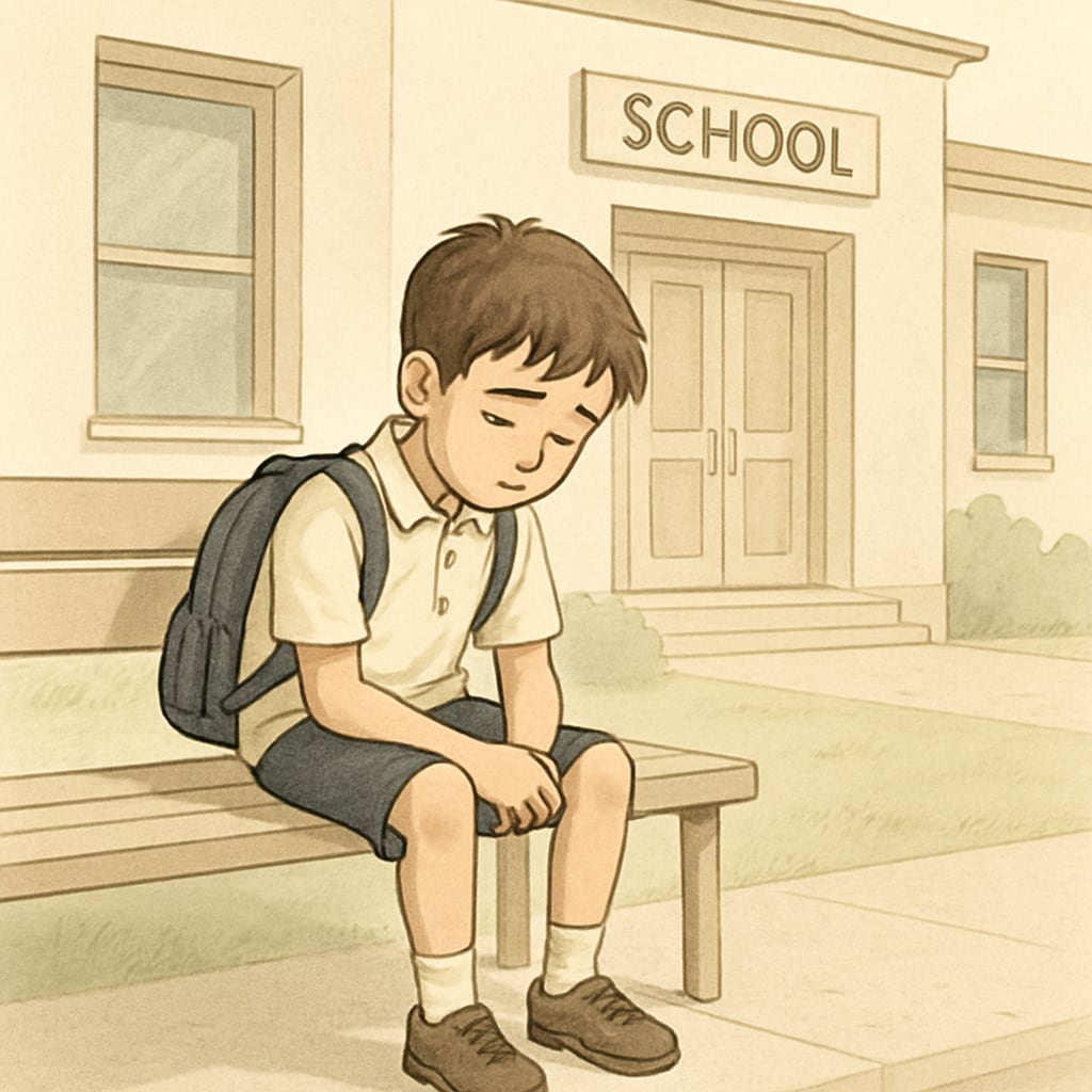 A young student sitting alone outside a school building, illustrating exclusion due to special educational needs. Student excluded due to special educational needs, sitting outside a school.