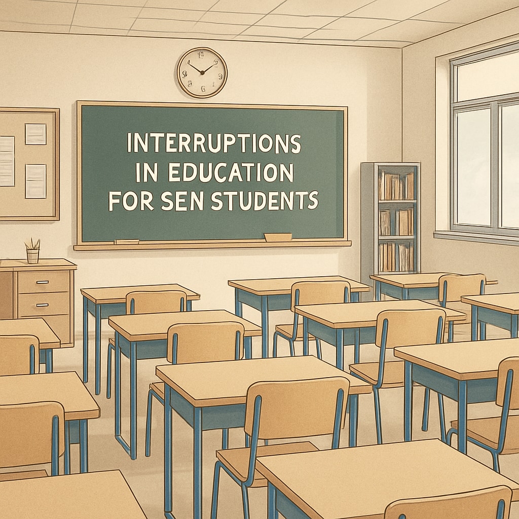 A classroom with empty desks, symbolizing education interruptions for SEN students. Empty classroom representing education interruptions for SEN students.