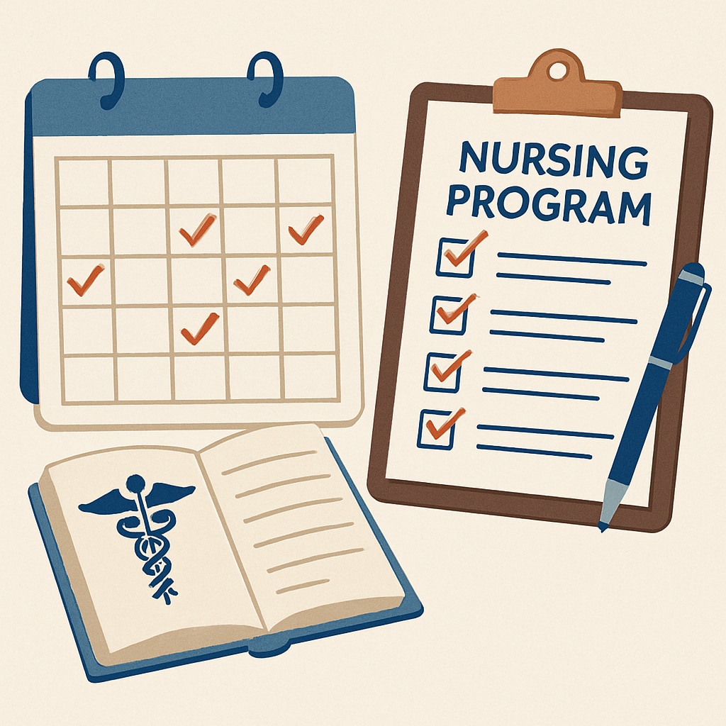 A calendar and checklist symbolizing effective planning for nursing program applications. A calendar and checklist representing the importance of planning nursing program applications.