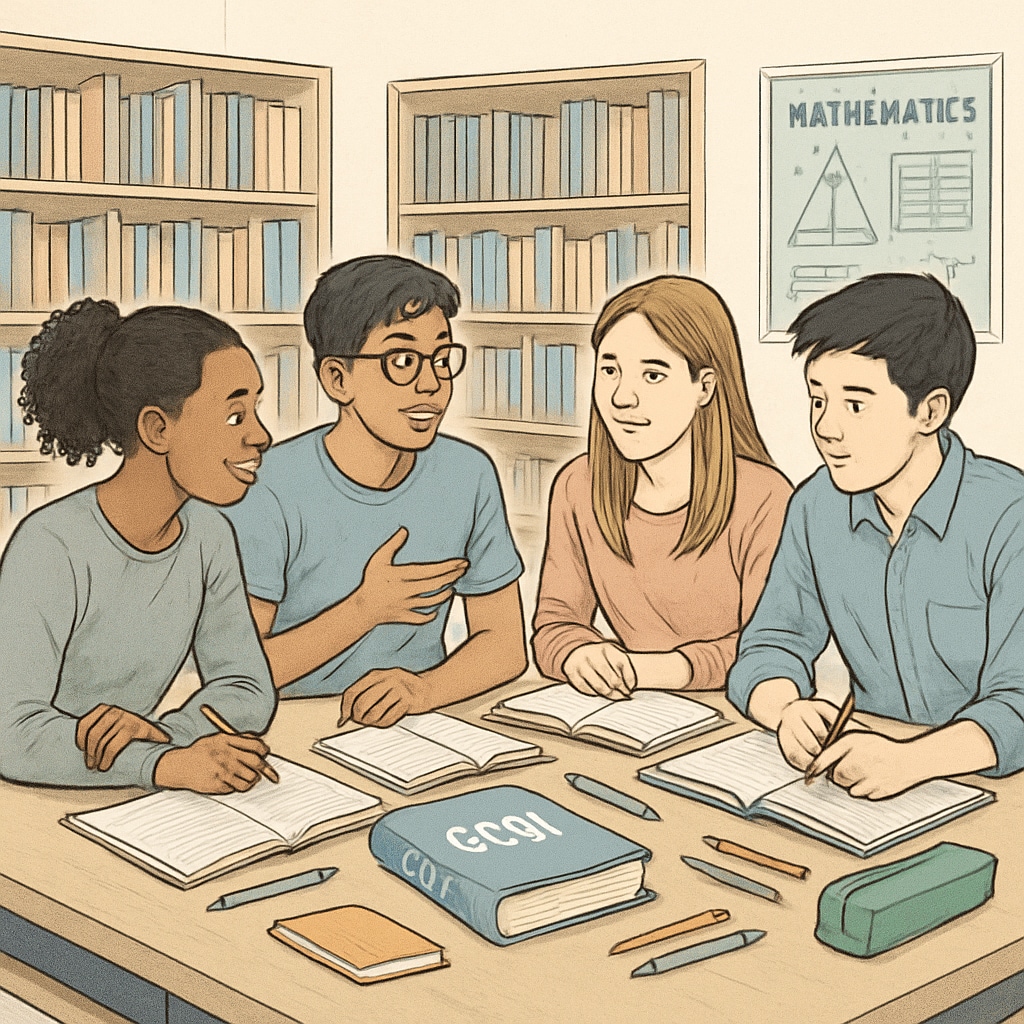A group of diverse students sitting in a library, discussing GCSE exam preparation. Students discussing GCSE results, academic anxiety, and future prospects in a library.