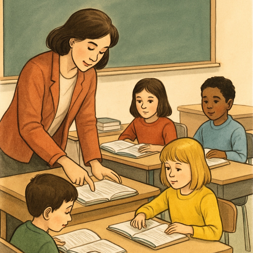A classroom scene showing a teacher guiding students through a reading exercise, representing teacher involvement in reading research. Teacher guiding students in a reading exercise related to text complexity.