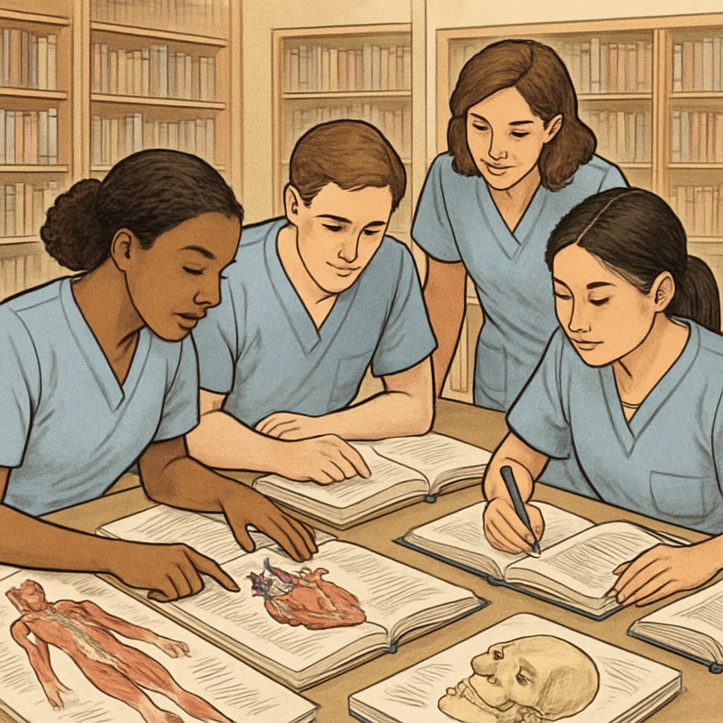 A group of nursing students studying anatomy together in a university library. Nursing students studying anatomy together in a library.