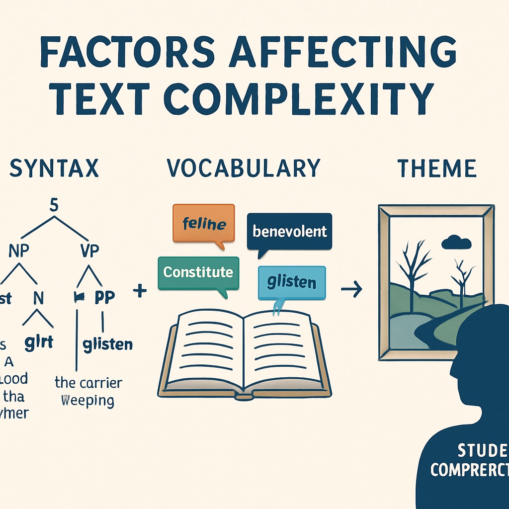 An infographic illustrating text complexity factors like syntax, vocabulary, and theme, showcasing their impact on student comprehension. Infographic showing components of text complexity influencing student reading skills.