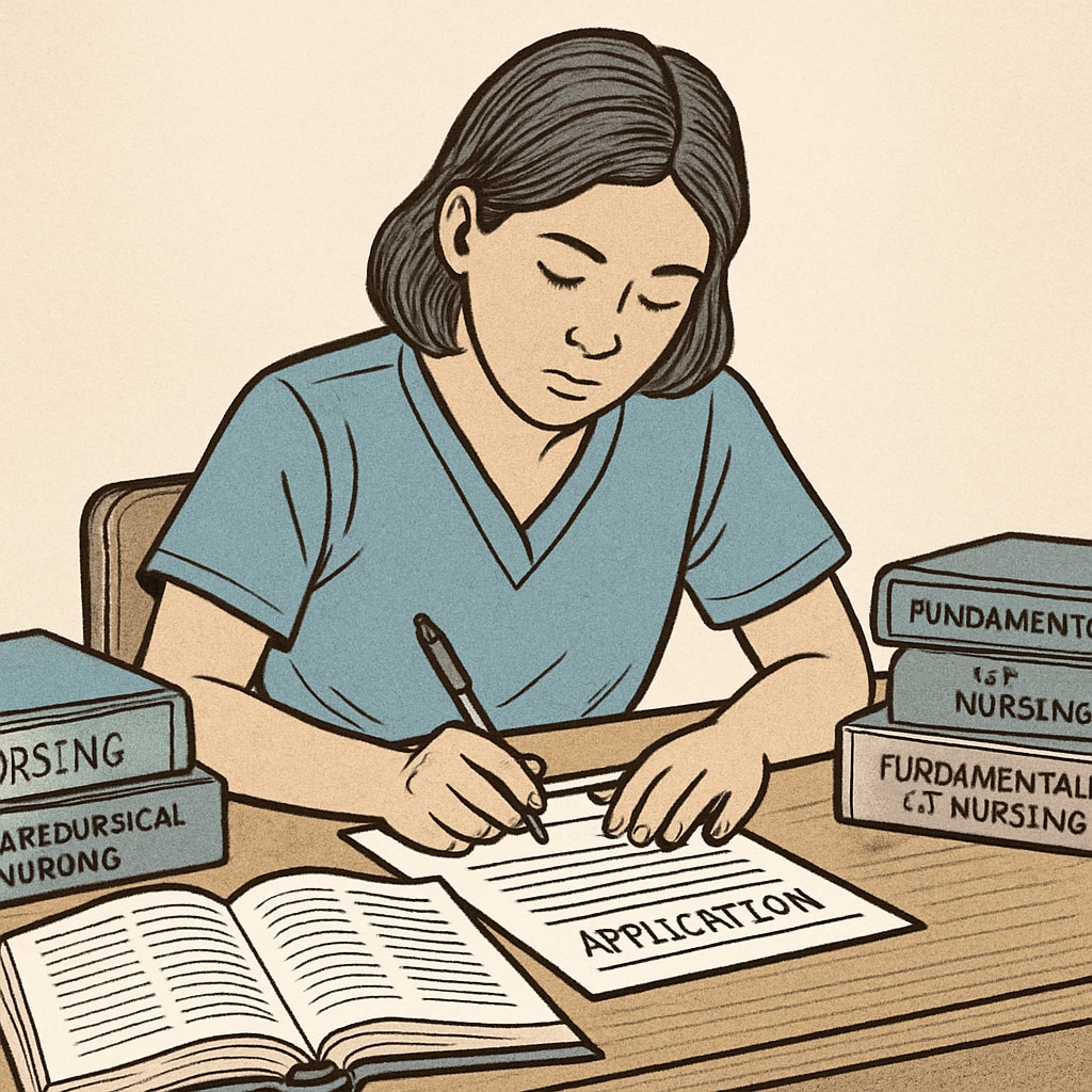 A student sitting at a desk with nursing textbooks and application forms spread out, deeply focused on writing. Nursing student preparing application with textbooks on desk.