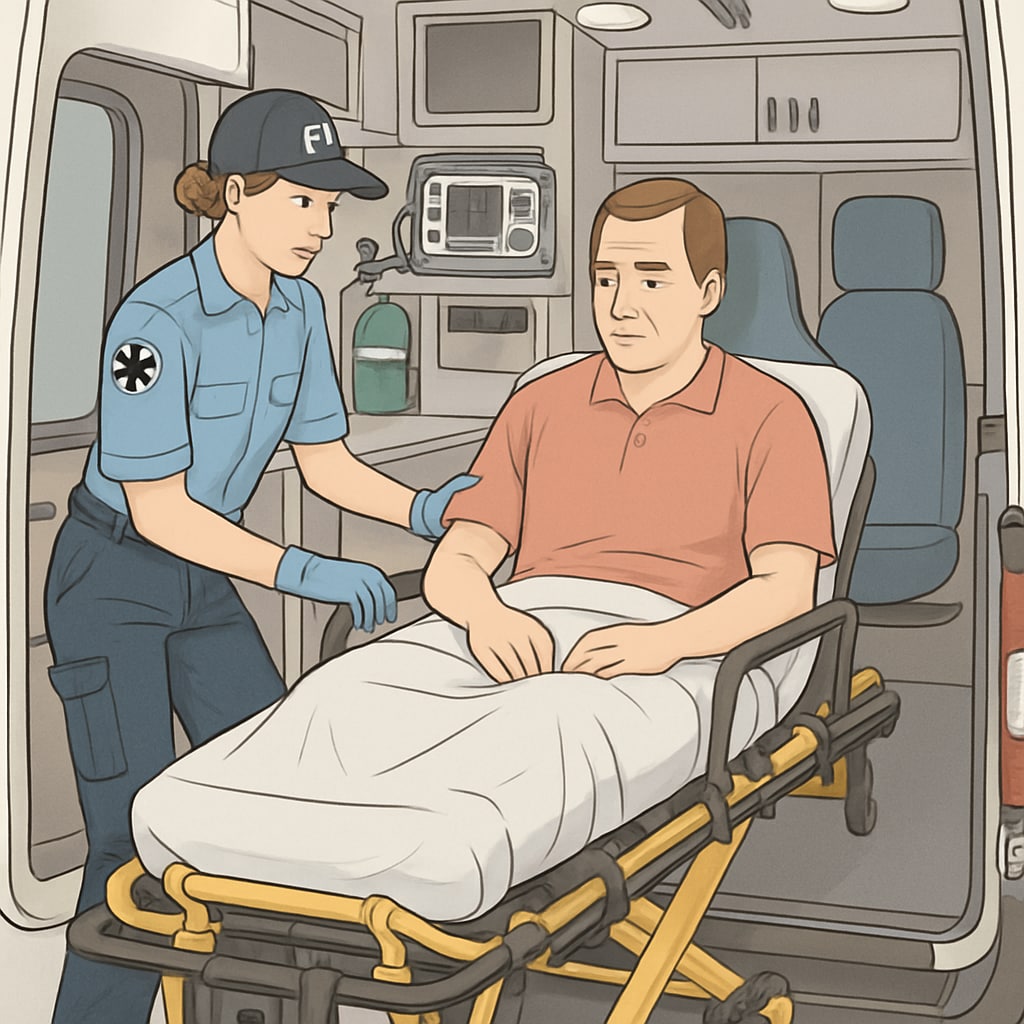 EMT professional providing emergency care to a patient in an ambulance.