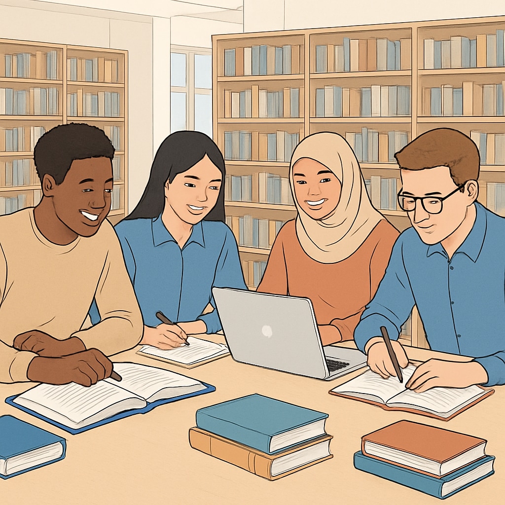 International students studying in a library, representing academic readiness for data science programs.