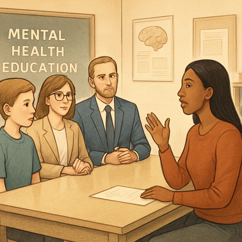 A mother advocating for her child during a school meeting, representing parental advocacy for mental health education rights. Parental advocacy for mental health education rights in a school setting.