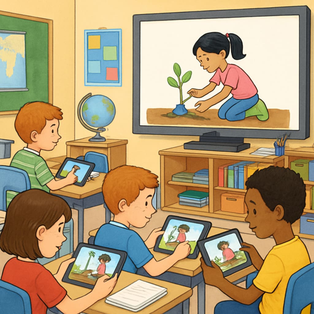 A vibrant classroom where students are engaging with short educational videos on tablets or smartboards. Students using short videos in a classroom setting to enhance learning.
