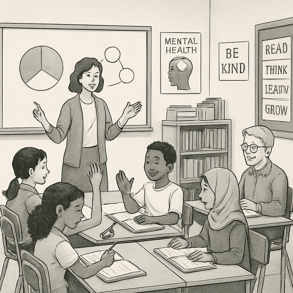 A classroom with diverse students and a teacher using inclusive teaching methods, symbolizing mental health-focused education. Inclusive classroom supporting mental health education for children.