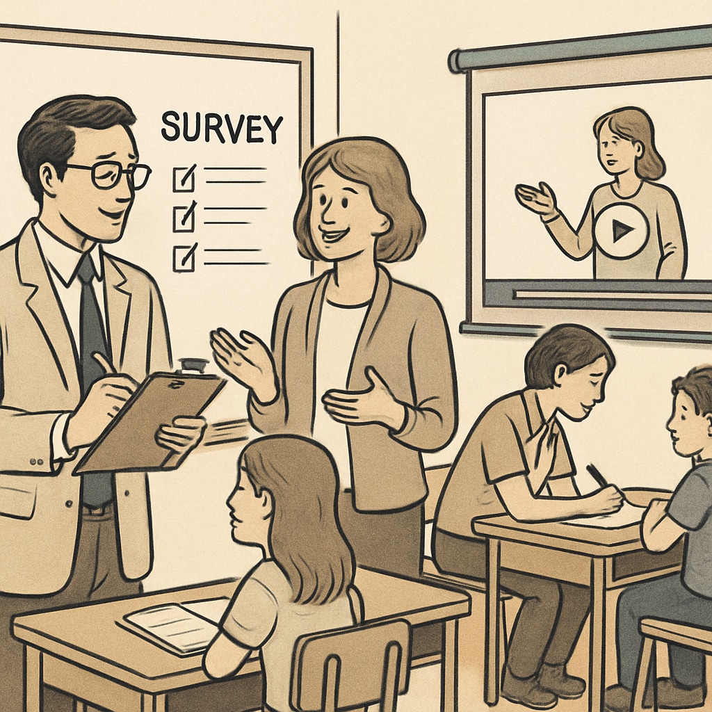 A researcher conducting a survey with educators and students to gather data on the use of short videos in classrooms. Survey with educators and students about short videos in education.