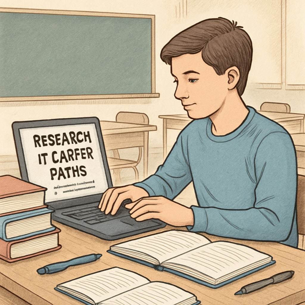 A high school student researching IT career paths on a laptop. High school student researching IT career paths.