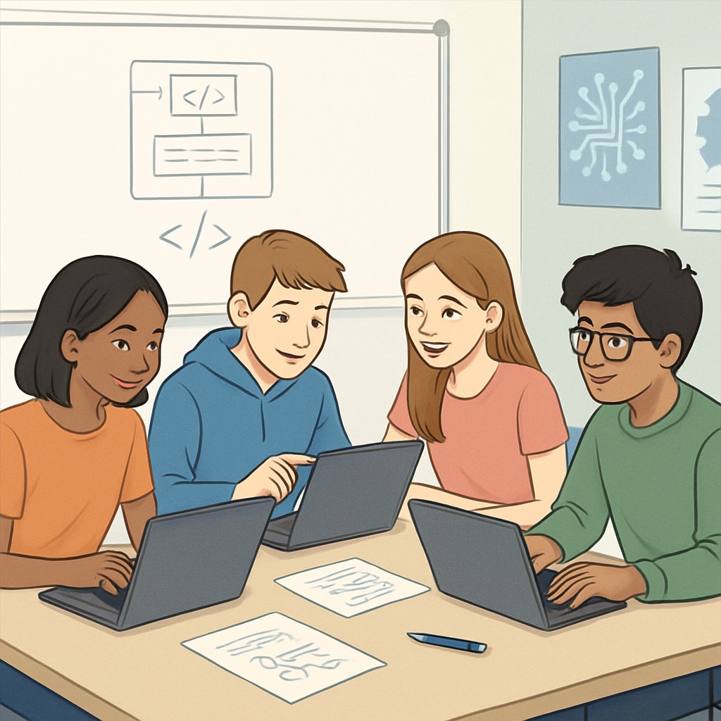 A group of high school students participating in a coding workshop, showcasing early exposure to IT concepts. High school students in a coding workshop, learning IT basics to ease university career choices.
