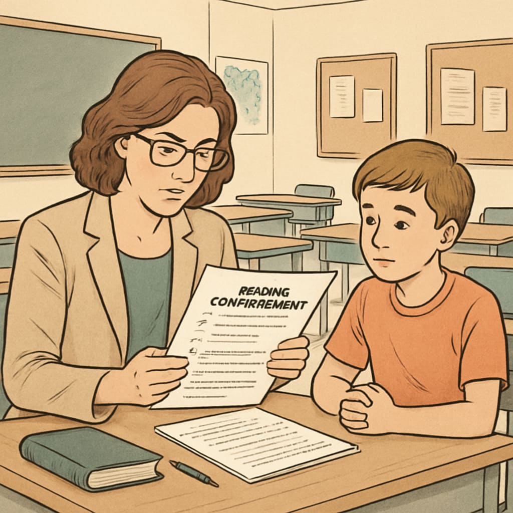 A teacher analyzing a student’s reading comprehension test in a classroom setting. Teacher evaluating text complexity and student comprehension in a classroom.