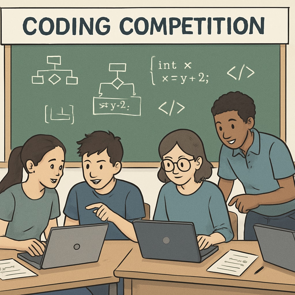 A group of students participating in a coding competition. Students in a coding competition.