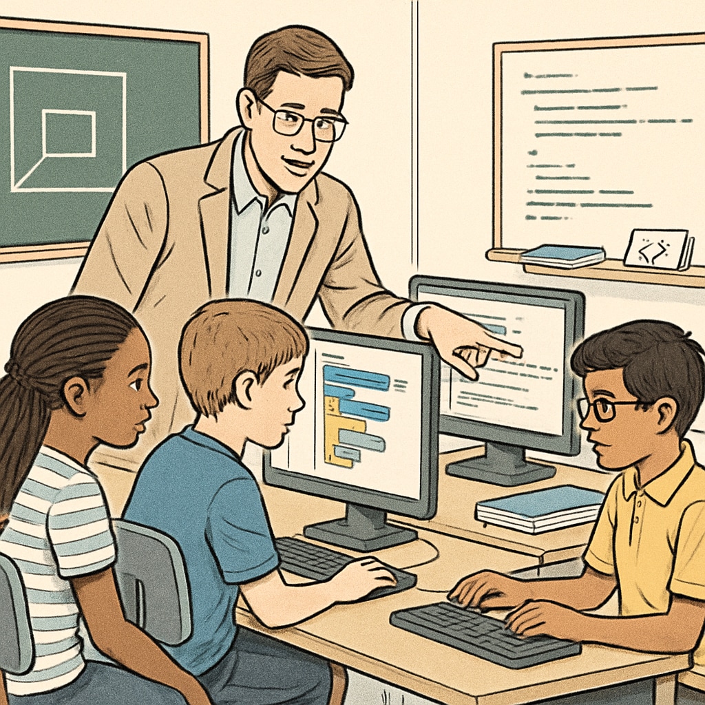 A teacher guiding students in a computer lab while they work on a coding project. A teacher assisting students in a computer lab, emphasizing hands-on IT learning during K12 education.