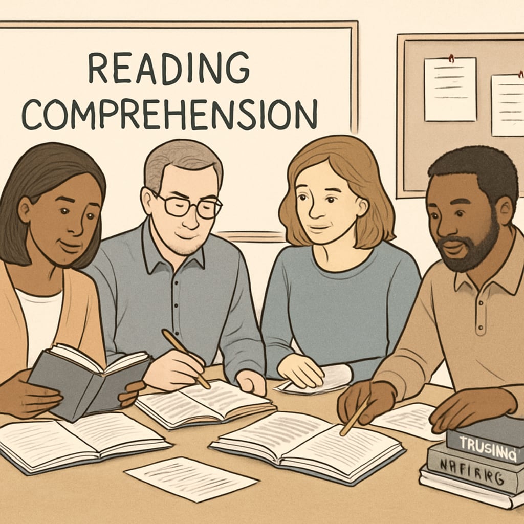 A diverse group of teachers working collaboratively on a reading comprehension study. Educators discussing text complexity in a K-12 research project.