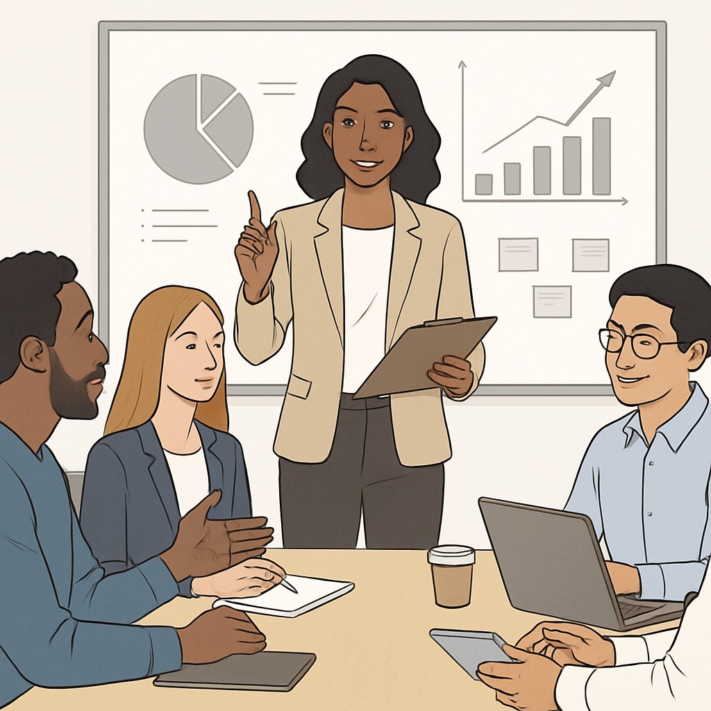 A motivational image of a female entrepreneur leading a meeting, with a focus on communication and teamwork. Female entrepreneur leading a meeting, demonstrating effective communication inspired by Sadhguru.