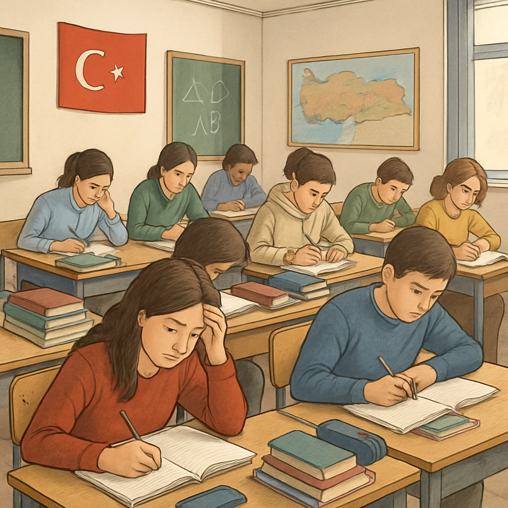 A classroom in Turkey with students preparing for centralized exams, illustrating the pressure of mandatory all-subject testing. Turkey’s centralized education system and exam preparation challenges