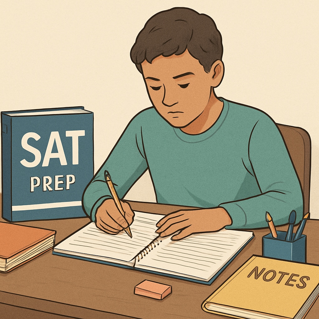 A student studying for the SAT exam with test preparation materials spread across a desk. Student preparing for standardized tests like the SAT for U.S. university admission.