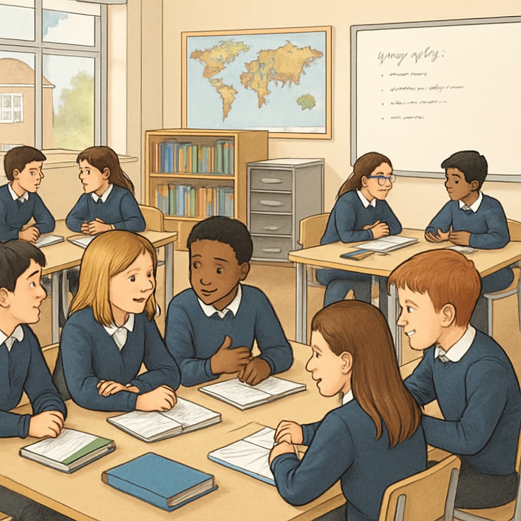 UK students in a discussion-based classroom, illustrating A Levels’ focus on interactive and student-centric learning.