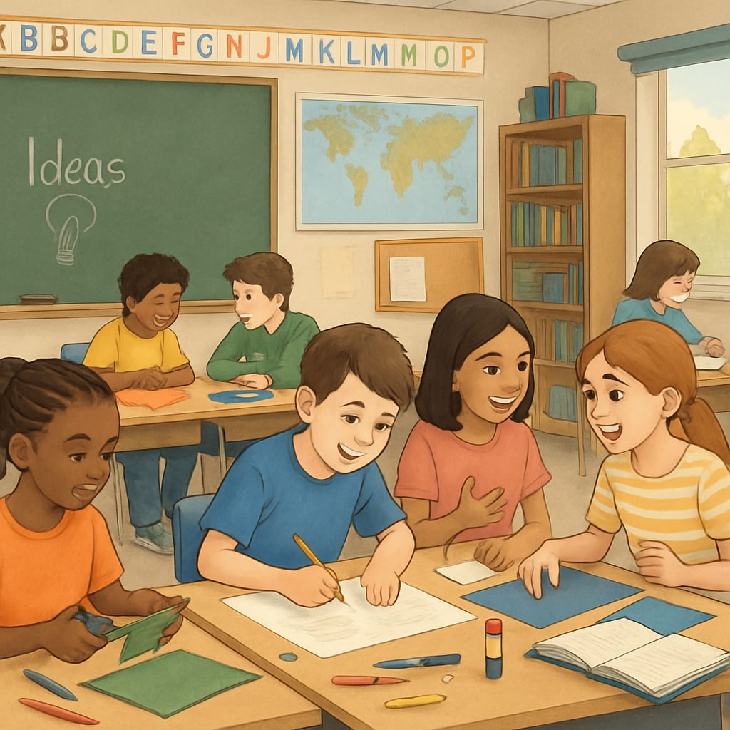 A classroom in the US with students engaged in group activities, reflecting a focus on creativity and collaboration. US classroom with students collaborating in small groups, emphasizing creativity.