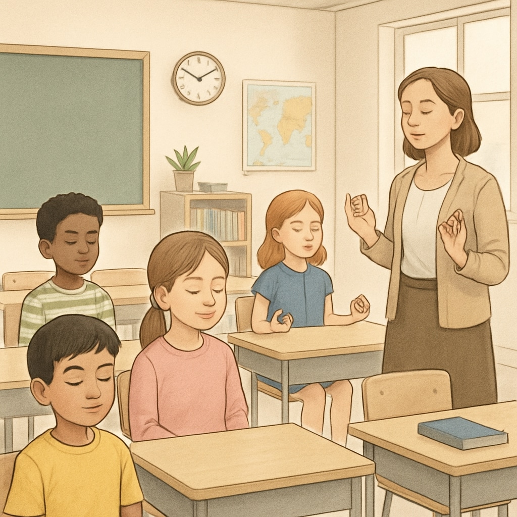 Children practicing mindfulness in a classroom inspired by Sadhguru's teachings.