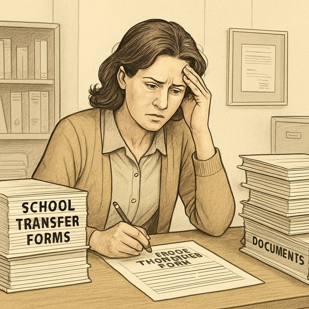A frustrated mother looking through school transfer paperwork, symbolizing the systemic inefficiencies in the process. A mother reviewing school transfer documents for a child with special education needs.