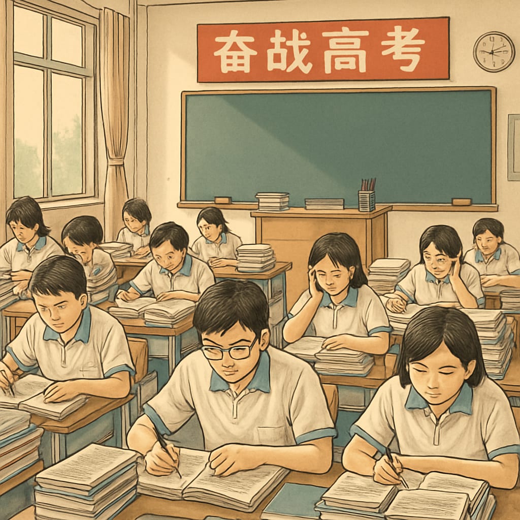 A Chinese classroom with students focused on individual desks, depicting rigorous preparation for standardized exams. Chinese classroom with students at individual desks, illustrating focus on standardized tests.
