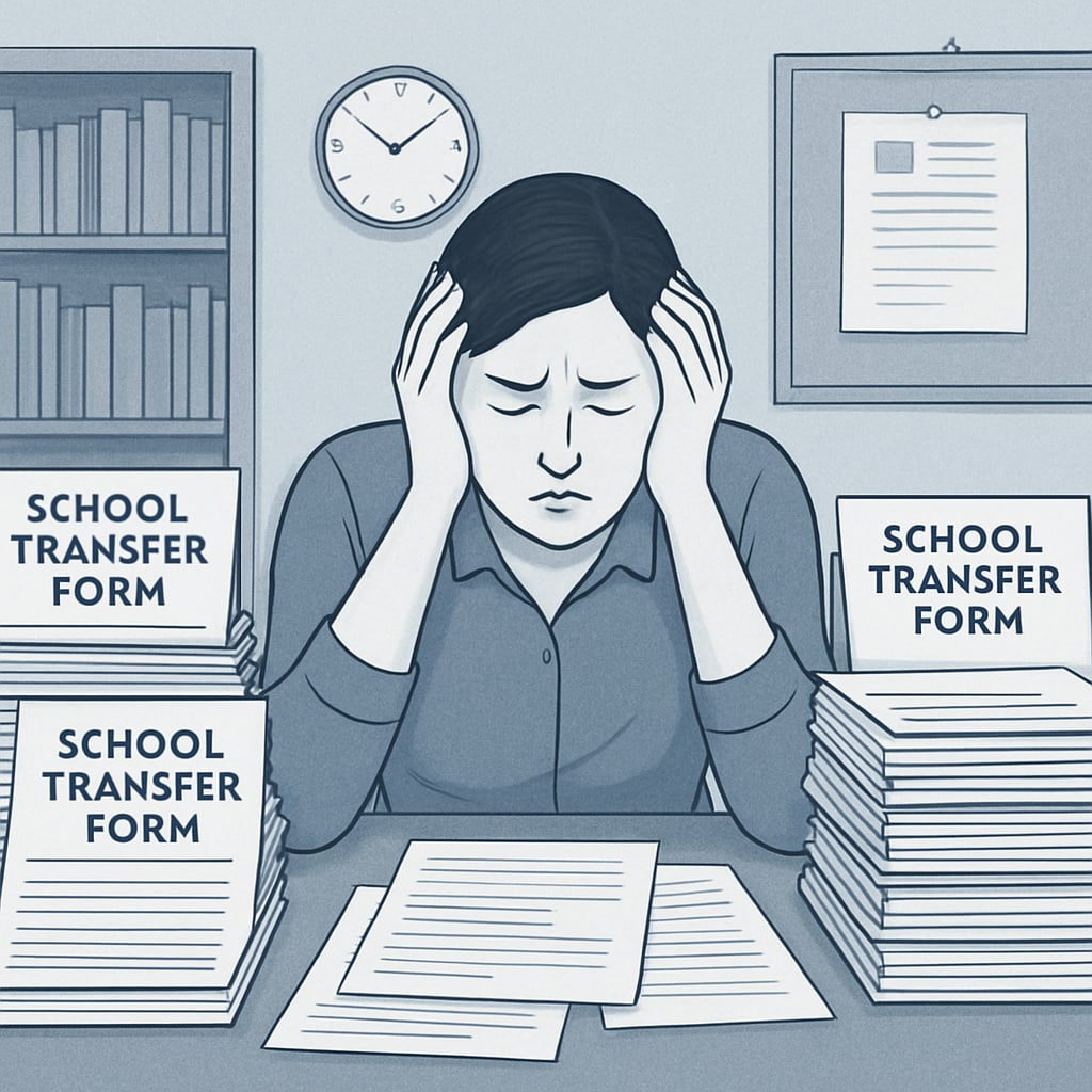 An overwhelmed parent filling out school transfer forms, symbolizing the administrative barriers faced during the process. A parent navigating school transfer paperwork amidst administrative hurdles.