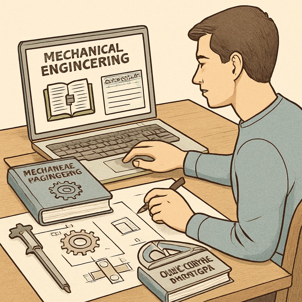 A student studying mechanical engineering while accessing online coursework, showcasing the dual-degree strategy. Mechanical engineering student combining online learning and primary studies
