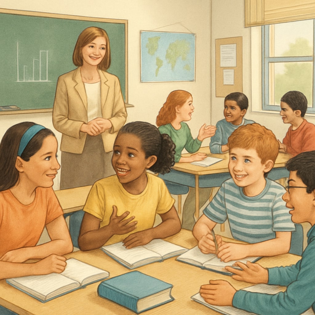 A classroom filled with diverse students participating in group discussions, representing the equality-driven focus of American education. American classroom demonstrating equality-driven education methods.