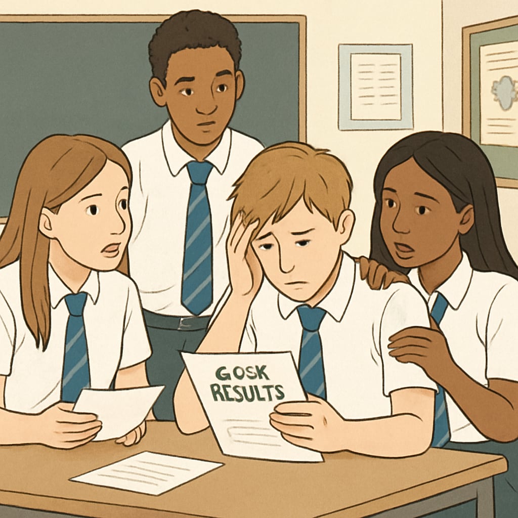 A group of students discussing their GCSE results, with one student receiving support from a friend. Students discussing GCSE results, academic anxiety, and career prospects.