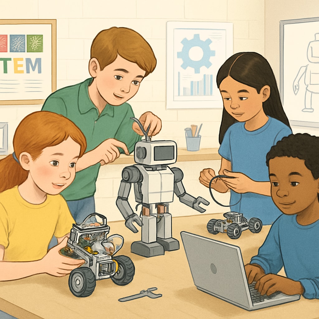 A group of K12 students involved in a robotics workshop, emphasizing early skill development for future career competitiveness. K12 students developing skills for future dual-degree opportunities