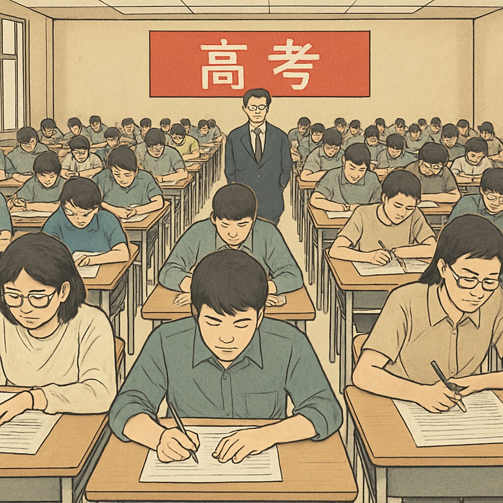 Students in China taking the Gaokao exam in a packed examination hall, illustrating the rigorous and competitive nature of the Chinese education system. Chinese students during the Gaokao exam, emphasizing academic rigor.