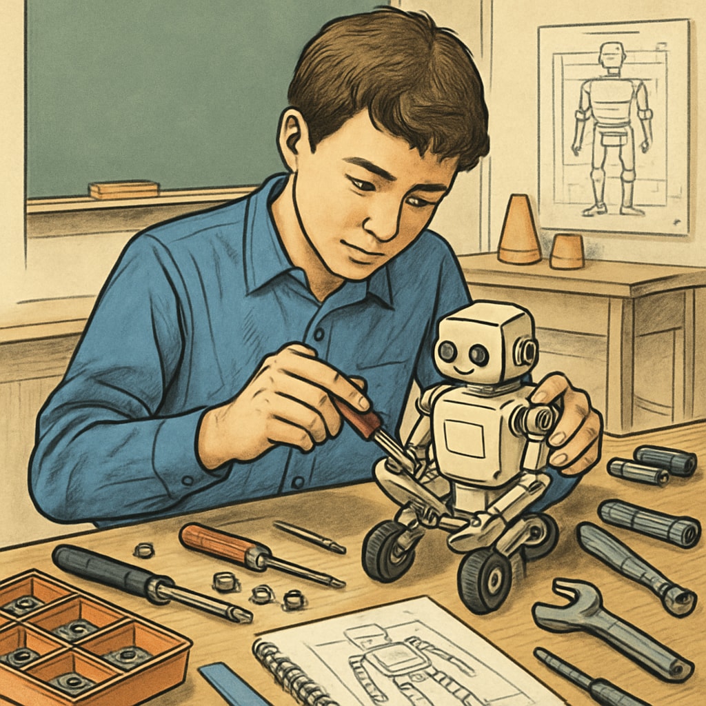 A student working on a vocational project, such as building a robot or designing a prototype, showcasing hands-on learning. A vocational student learning practical skills for career development.