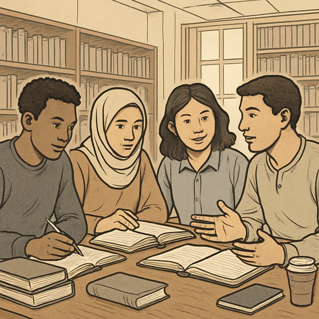 A group of diverse students sitting together in a university library, symbolizing the challenges and resilience of immigrant learners. Diverse students in a university library discussing academic challenges.