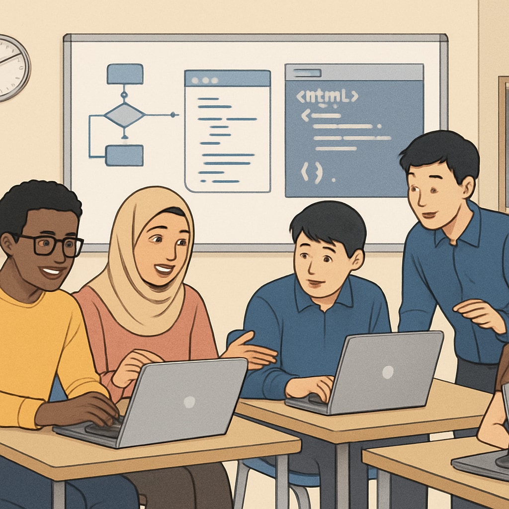 International students collaborating on coding projects as part of their data science preparation.