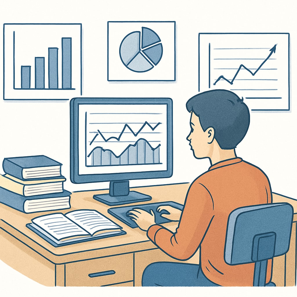 Data science student analyzing information on a computer screen.