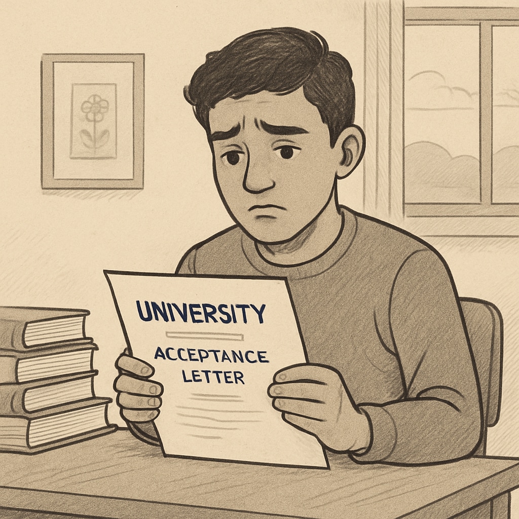 A young student staring at a university acceptance letter with a concerned expression, representing the financial barriers faced by immigrant students. A young immigrant student looking at a university acceptance letter.