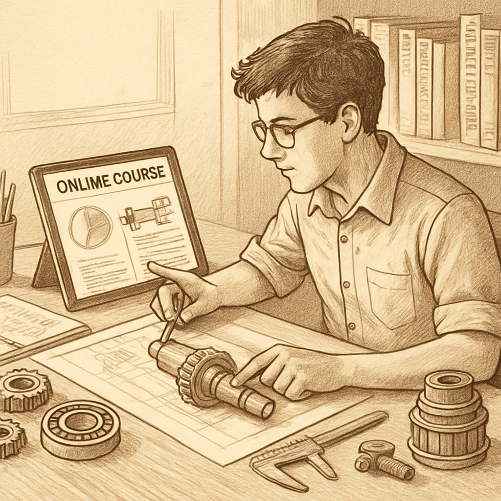 A mechanical engineering student working on a project while referencing online course material on a tablet. Mechanical engineering and online degree student balancing practical and digital learning.
