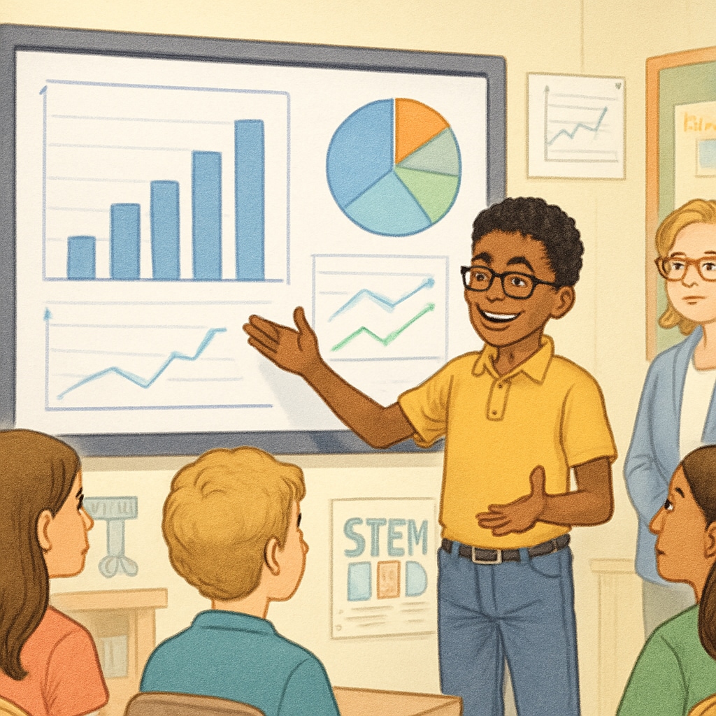A student explaining a data visualization project during a STEM-oriented workshop.