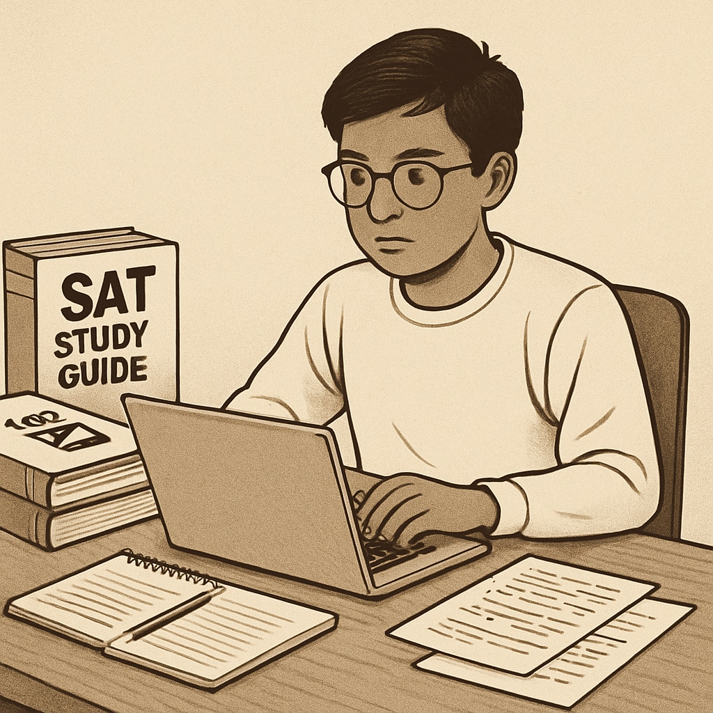 International student studying with SAT prep books and laptop.