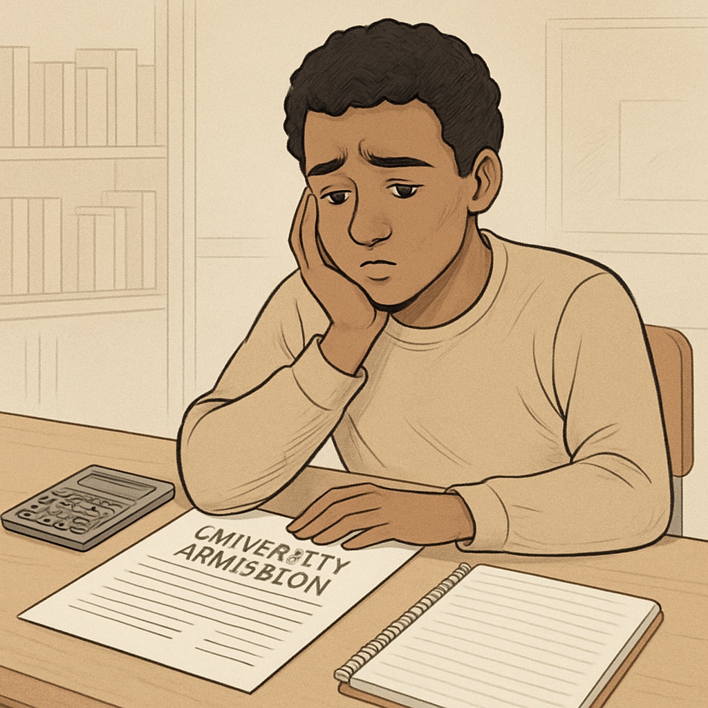 A young immigrant student sitting at a desk with university admission papers and a calculator, symbolizing financial stress. Immigrant student calculating costs for Oxford University tuition fees.