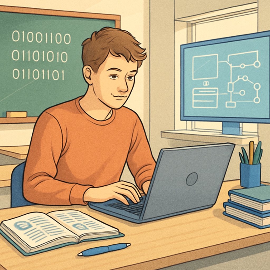 A young university student coding on a laptop in a modern classroom, symbolizing a beginner's journey in IT. A student coding on a laptop, representing career exploration in IT.