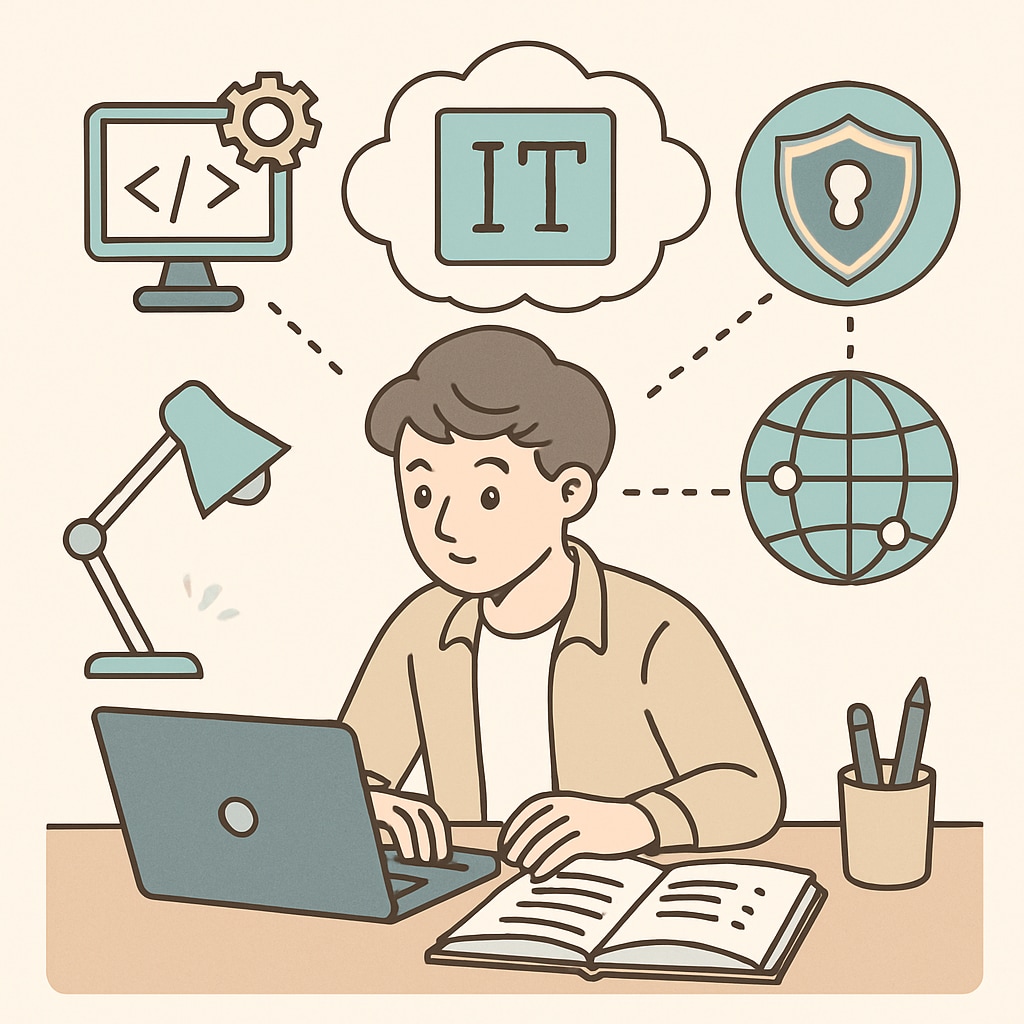 A young student exploring IT career options using a laptop and research materials. Student researching IT career options on a laptop.