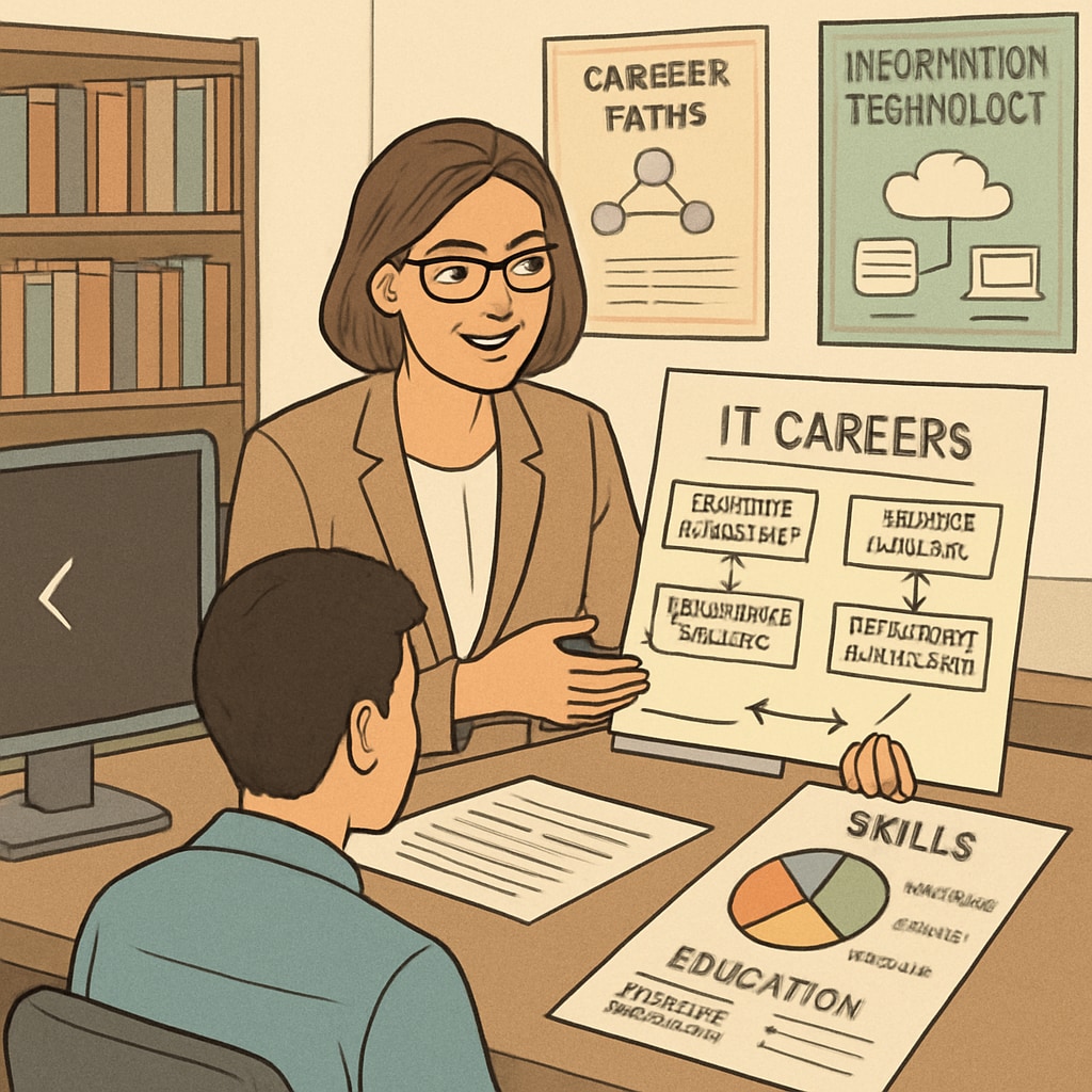 A career counselor guiding a student through IT career possibilities. Career counselor discussing IT career paths with a student.