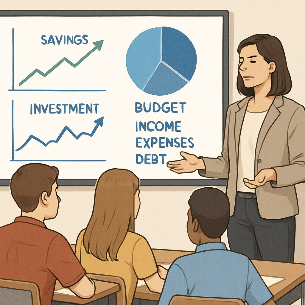 A teacher explaining financial concepts to high school students using a digital whiteboard. A teacher demonstrating financial literacy to high school students, emphasizing the importance of business analytics and finance.