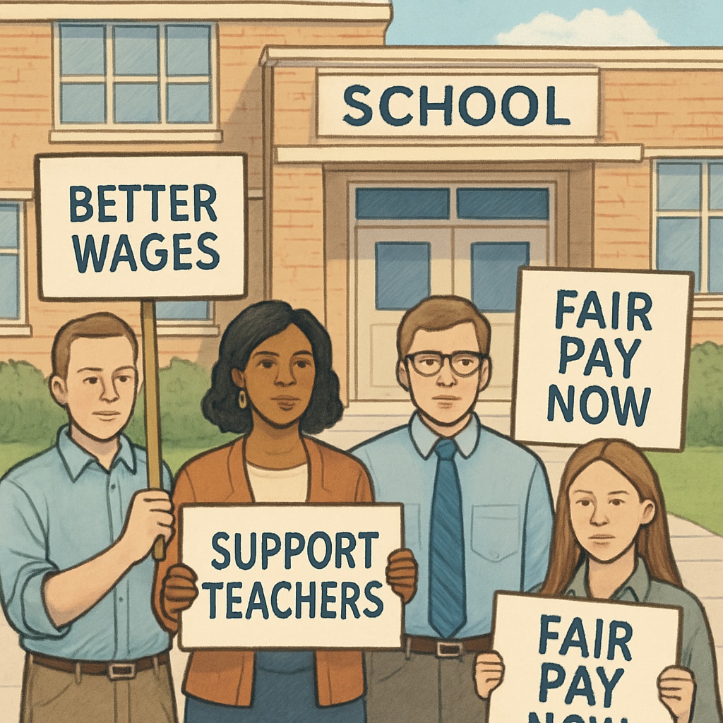 A group of educators peacefully protesting outside a school, holding signs advocating for better wages and working conditions. Teachers protesting outside a school with signs demanding better wages and support.