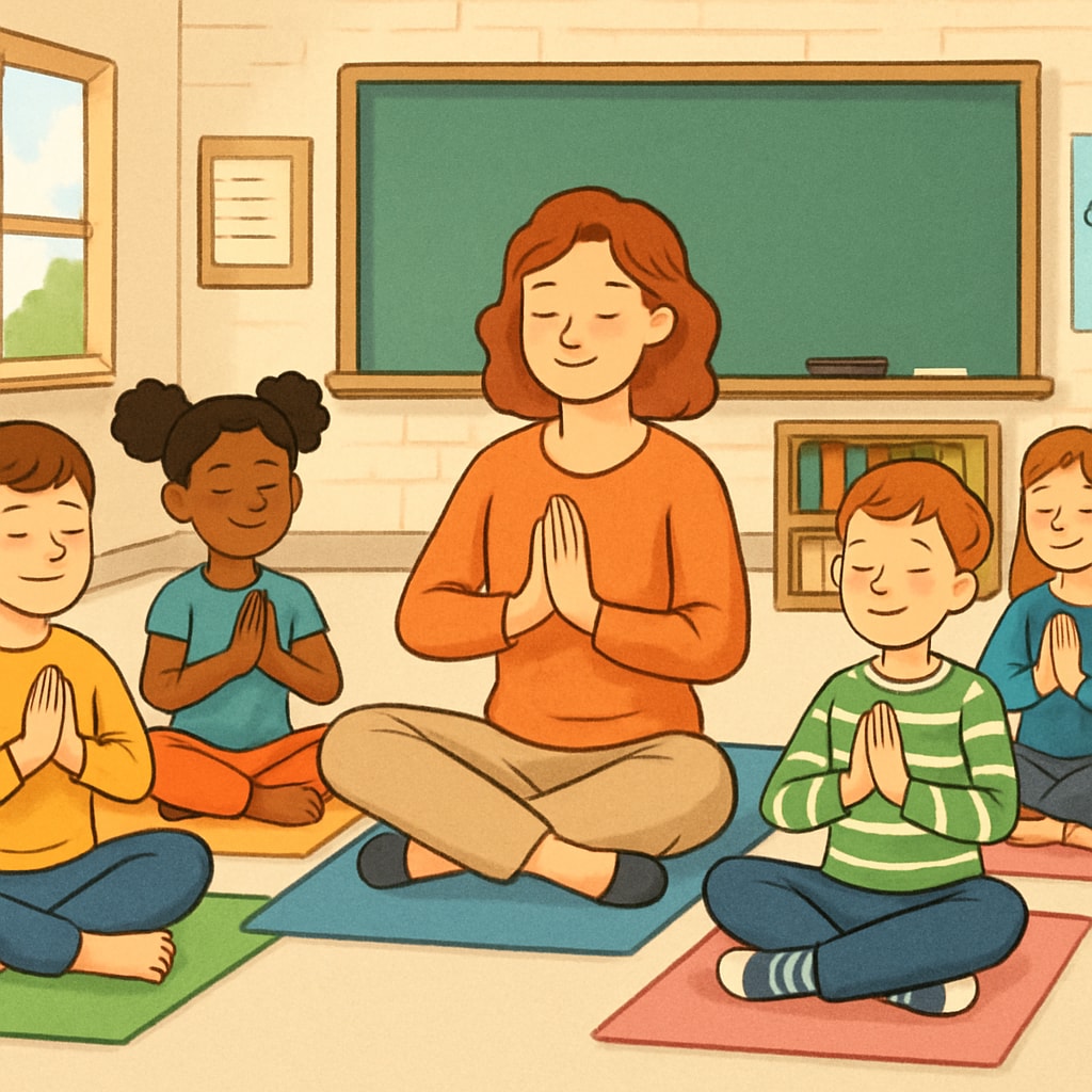 A group of students practicing yoga in a classroom setting, symbolizing mindfulness in education. Students practicing yoga in a classroom, representing Sadhguru’s mindfulness approach.